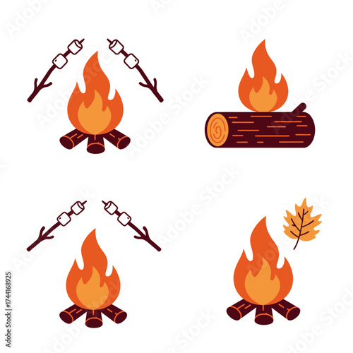 Campfire Logs and Flames Bonfire Night Flat Vector Illustration for Outdoor Adventure