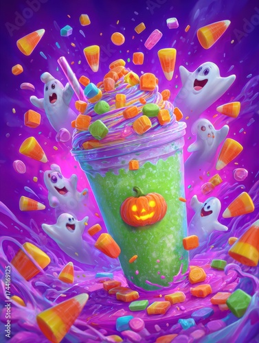 Halloween milkshake adorned with festive candies and spooky ghosts creating a vibrant and whimsical scene