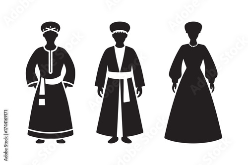 Silhouettes of three people in traditional cultural attire