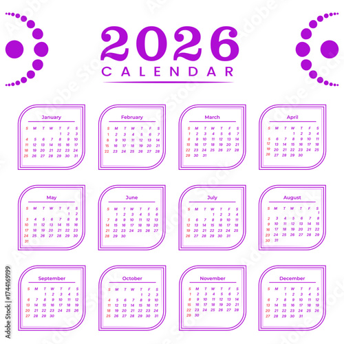 2026 calendar template isolated on white background featuring a complete set of monthly calendars in a clean, minimalist design with purple accents and clear layout