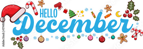 Hello December banner design template with santa hat, christmas tree, candy, hat, mittens, berries, stars, gifts, balls, moon , gingerbread man, cookies. Hello December blue sticker isolated on white