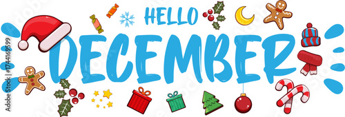 Hello December banner design template with santa hat, christmas tree, candy, hat, mittens, berries, stars, gifts, balls, moon , gingerbread man, cookies. Hello December blue sticker isolated on white