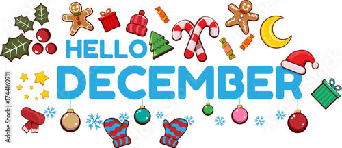 Hello December banner design template with santa hat, christmas tree, candy, hat, mittens, berries, stars, gifts, balls, moon , gingerbread man, cookies. Hello December blue sticker isolated on white
