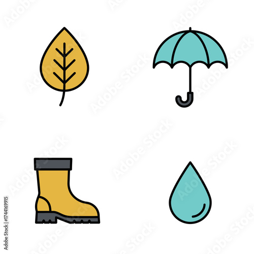 Rainy Autumn Walk Icons with Leaves, Boots and Droplets – Fall Weather Illustration