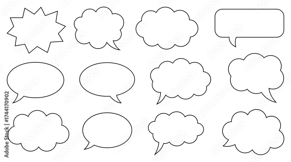 Obraz premium Collection of hand drawn speech bubble outline in various shapes and styles on a white background