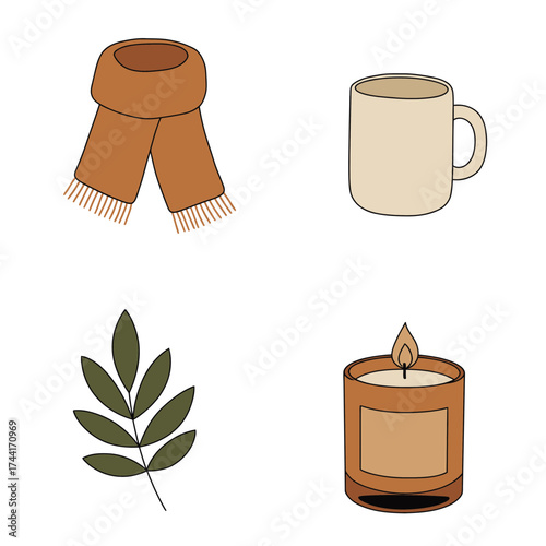 Warm scarf and mug illustration representing cozy autumn comfort, hygge living and seasonal coffee moments