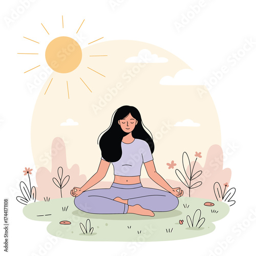 Serene woman enjoying a peaceful morning yoga session in a beautiful park, practicing mindfulness and relaxation