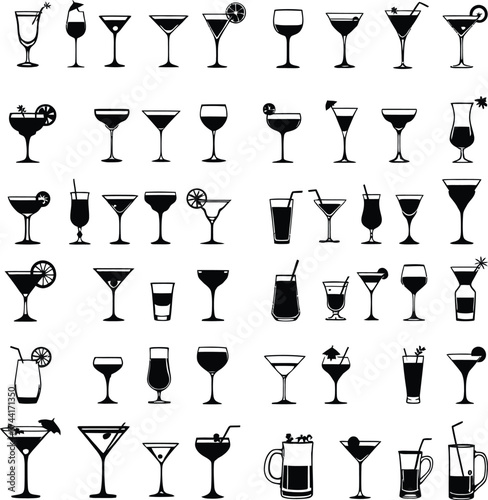 Cocktail Glass Silhouette Grid Vector Featuring Garnished Drinkware in Six Rows of Martini, Wine, Mug, and Specialty Styles