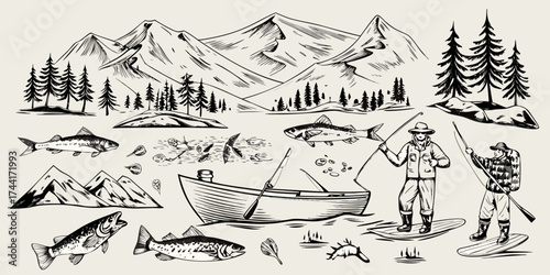 Vintage style hand drawn illustration of a fishing scene with mountains trees a boat and various fish