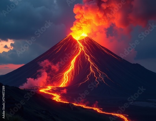 Dramatic Volcanic Eruption with Fiery Lava Flow
