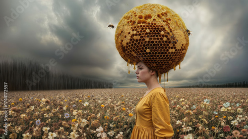 Honeybee awareness. Save the bees. A woman with hair in the form of a beehive and honeycombs. Surreal illustration. A field of dead, dried flowers dead poplar trees.