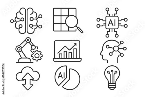 Set of 9 thin line editable icons for artificial intelligence, including neural networks, cloud AI, algorithms, chatbots, and smart technology.