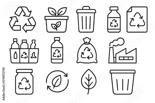 Set of 12 thin line editable icons for zero waste, including recycling, composting, trash sorting, pollution, landfill, and eco waste management.