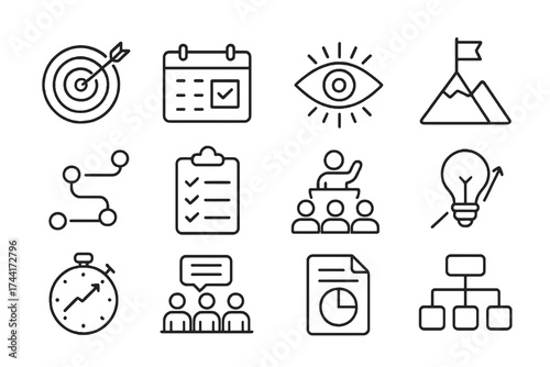 Collection of 12 linear icons about planning and focus, featuring checklists, roadmaps, calendars, targets, and flowcharts.