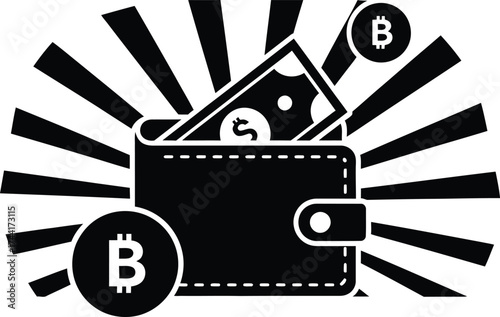 Digital currency wallet with bitcoin symbols and dollar bills radiating outward on a white background