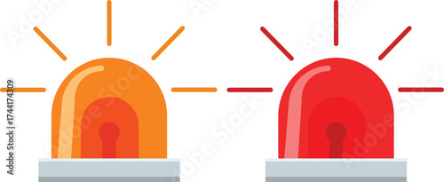 Two flashing emergency lights orange and red on white background flashing light siren