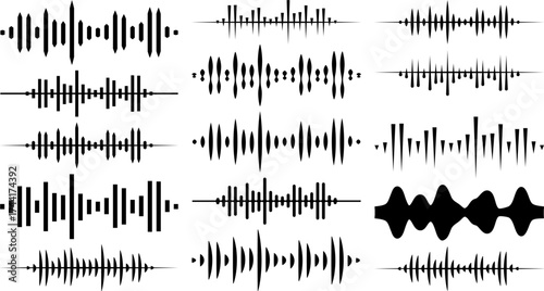 Sound wave vector set with abstract audio waveform designs and equalizer patterns, perfect for music visualization, podcast graphics, voice recording interfaces, and digital sound projects.