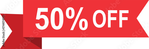 Red Ribbon Banner With White 50 Percent Off Text sale discount