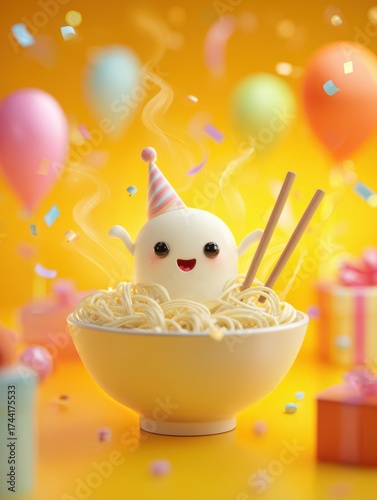 Celebrate with a delightful noodle character in a birthday party scene filled with vibrant balloons gifts and confetti