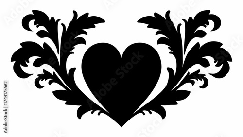 Black heart with decorative flourishes on either side against a white background design element art