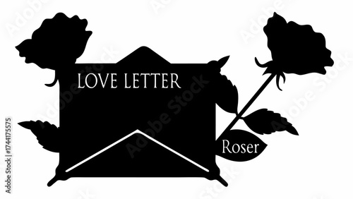 Silhouette of a love letter with roses on either side and the word roser on the bottom right side