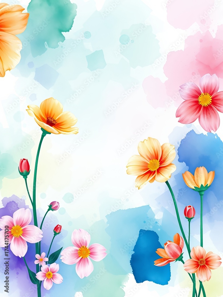 Fototapeta premium Colorful watercolor floral background featu pink, yellow, and orange cosmos flowers with a dreamy, soft, and artistic aesthetic on a clean white s.