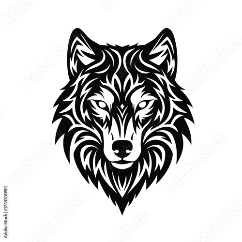 Tribal wolf head graphic on white background animal