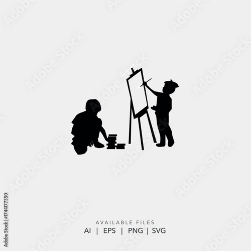 Black and white vector logo for children's art studio, Simple line icon of kid drawing on the floor