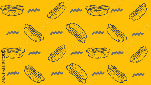 Hotdog seamless pattern. Hotdog doodle hand drawn. Outline hand drawing hot dog clipart symbol, Illustration of hotdog for coloring page of kids books.