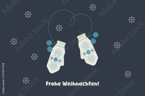 German Christmas greetings, Frohe weihnachten greeting card with knitted mittens and snowflakes on dark blue background