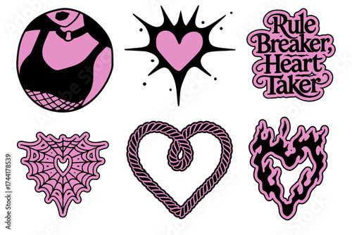Vector illustration in bold Y2K pop art style features six pink and black graphic icons: a bra, a heart burst, a "Rule Breaker Heart Taker" quote, a spiderweb heart, a rope heart, and a flaming heart.