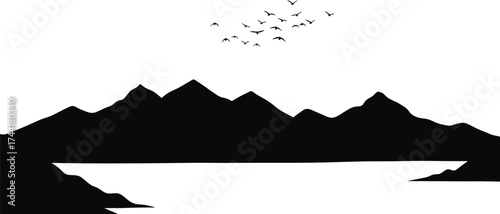 Minimalist black and white mountain range silhouette with a flock of birds flying in the sky above