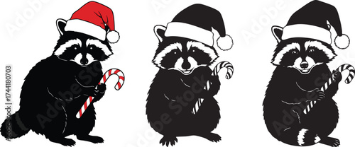 Raccoon Silhouette Wearing Santa Hat Holding Candy Cane Illustration