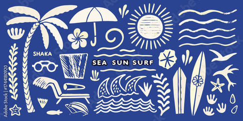 Whimsical hand drawn beach and surf elements on a deep blue background