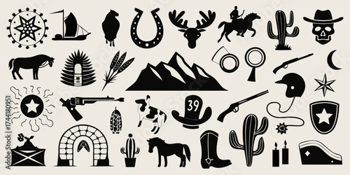 Collection of black silhouette icons representing western themes and cowboy culture elements