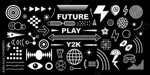 Retro futuristic y2k graphic design elements and symbols with the words future play y2k