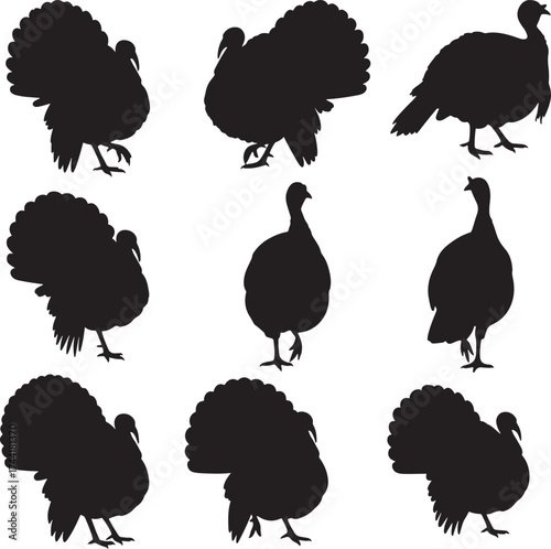 Turkey Bird Silhouette Vector Set Collection Thanksgiving Holiday Poultry Farm