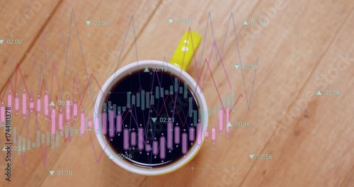 At second one chart overlay sliding across yellow cup fluctuating bars showing trends, sweeping off