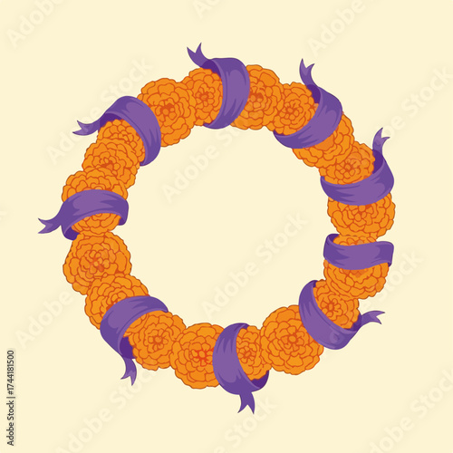 Vibrant wreath design with orange flowers and purple ribbons for Day of the Dead celebration. Floral elements include marigolds and decorative ribbons enhancing festive ambiance.
