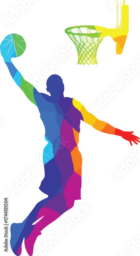 Dynamic colorful basketball player soaring for slam dunk, vibrant action shot for sports marketing, energetic teamwork and peak performance themes