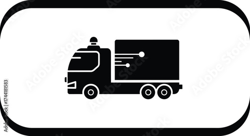 Modern black silhouette icon of a delivery truck with abstract digital data flow lines on its cargo box