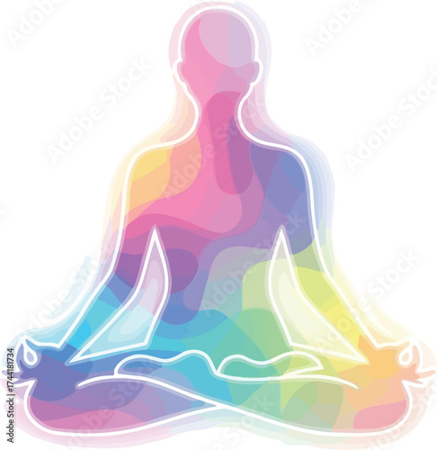 Embrace mindfulness with this serene rainbow silhouette meditating in lotus position, perfect for promoting wellness, yoga, and mindful living initiatives