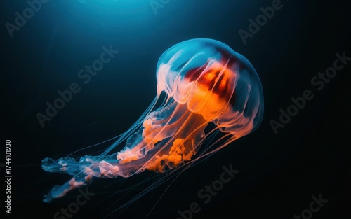 Mysterious Jellyfish in Deep Ocean Waters Glowing with Bioluminescence Captivating Underwater Scene