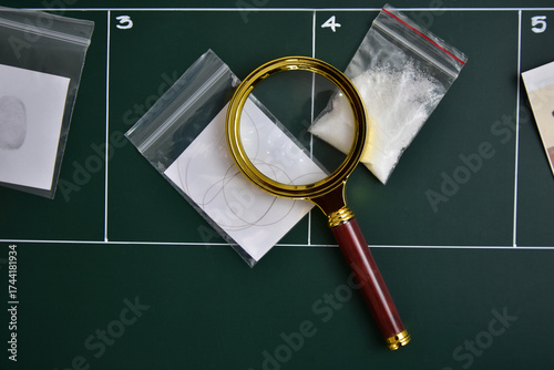 Canvas Print Closeup magnifying glass and evidence from a crime investigation in plastic bags