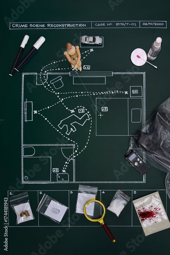 Crime scene investigation reconstruction with evidence on a drawing board
