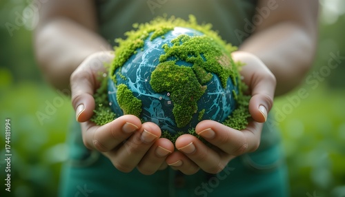 Hands Holding a Moss-Covered Earth Globe Symbolizing Nature Conservation, Environmental Protection, Sustainability, and Love for Planet Earth, Eco-Friendly Future and Green Living Concept