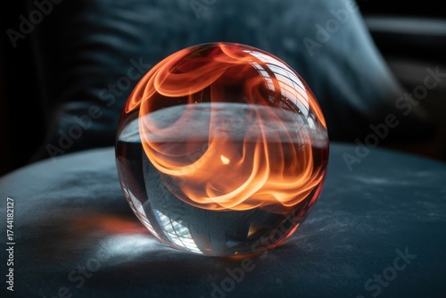 Mystic Crystal Ball with Fiery Orange Swirls on Blue Velvet Surface for Fortune Telling and Spiritual Insight