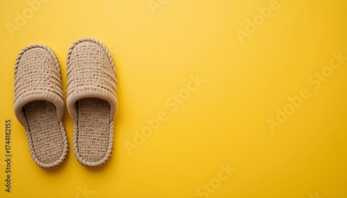 Soft Cozy Beige Slippers on Bright Yellow Background Creating Warm Relaxing Minimalist Composition for Comfort, Home Lifestyle, Fashion, and Relaxation Product Design Concept Photography