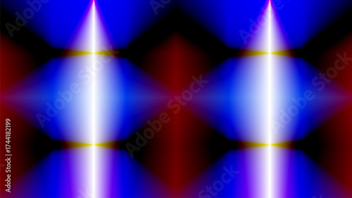 A high-energy, symmetrical abstract featuring two mirrored vertical white light beams with bright blue and red glowing diamond shapes, creating a dynamic and futuristic digital backdrop.