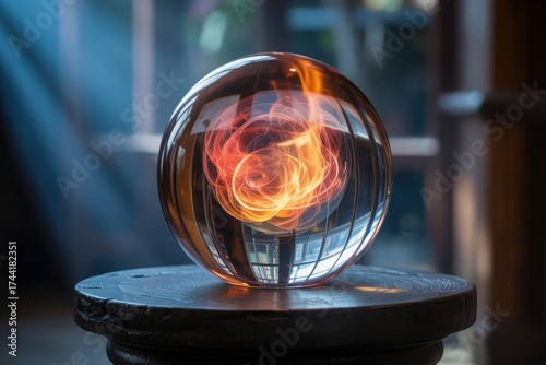 Mystical Crystal Ball with Glowing Energy Core on Wooden Stand a Symbol of Magic and Prophecy